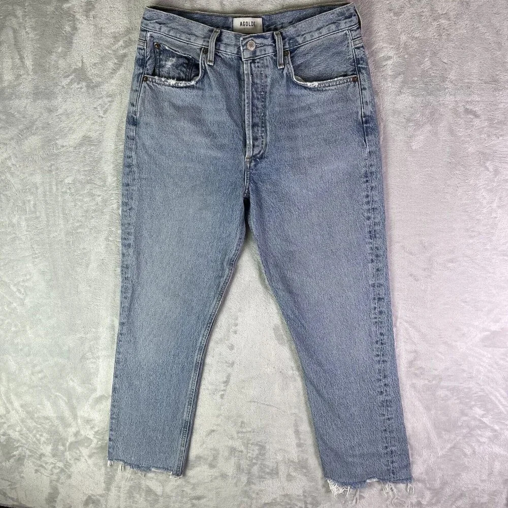AGOLDE Straight Leg Jeans Women's 28 Distressed Hem Light Wash Chic Streetwear